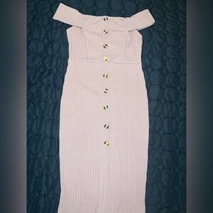 Rave Pink Ribbed Off-Shoulder Bodycon Midi Dress – Size M